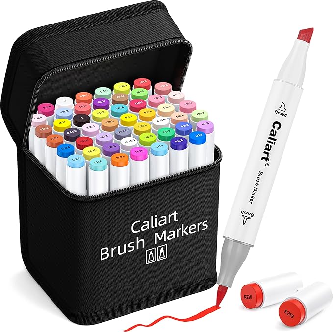 Caliart Alcohol Brush Markers, 51 Colors Dual Tip Artist Brush & Chisel Tip Sketch Art Markers, Aesthetic Cute Preppy Stuff School Supplies, Pens for Lettering Cards Drawing Mothers Day Gift for Mom