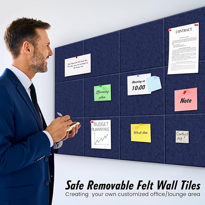Large Cork Board for Office Dark Blue Felt Board Alternative-12 Pack Felt Wall Tiles for Office Wall Decor,Felt Bulletin Board Tiles,Push pin Board Wall Organizer for Office