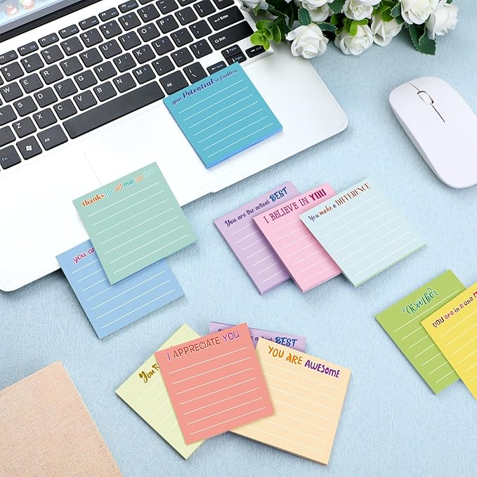 Yinder 24 Pcs Inspirational Sticky Notes with Lines Cute Motivational Sticky Notes Pad Employee Appreciation Gifts Bulk for Teacher Nurse Coworkers Office Supplies 3 x 3''(Light Color,Thankful)