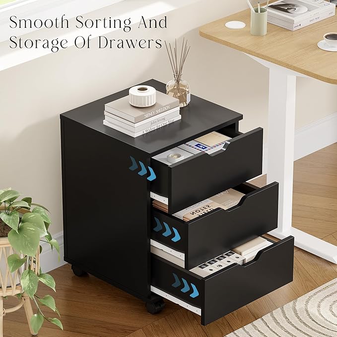 Farini 3-Drawer Under Desk Wooden File Storage Cabinet with Lockable Caster for Home Office,Black,Fully Assembly