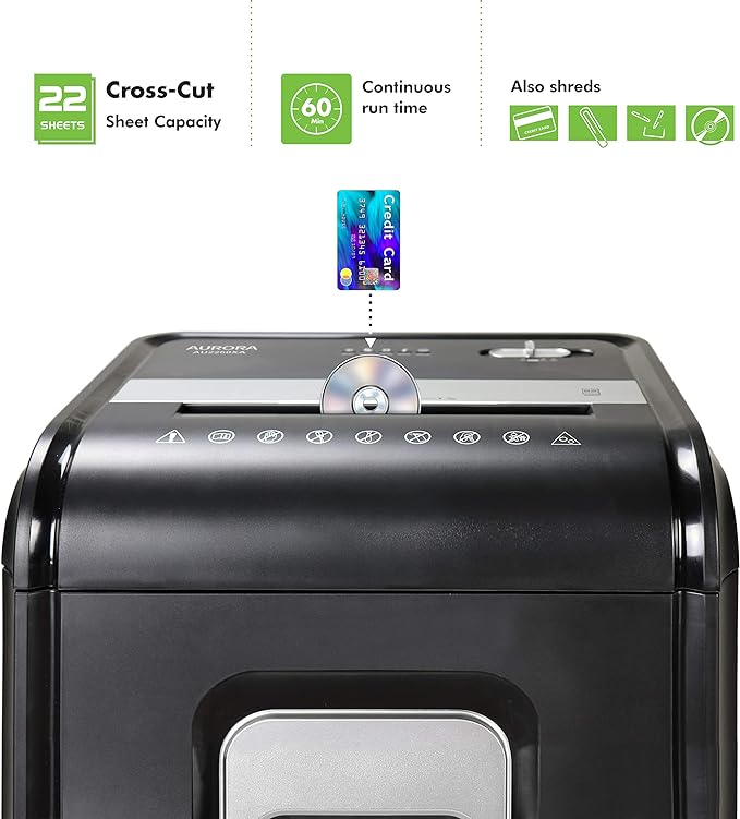 Aurora AU2260XA Heavy Duty Anti-Jam 22-Sheet Crosscut Shredder/60 Min Run Time/ 7-Gallon Pullout Basket and Casters