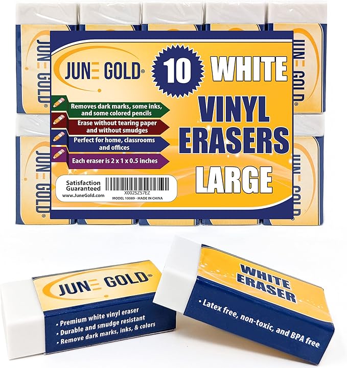 June Gold 10 Large White Vinyl Erasers - Heavy-Duty Eraser for Darker Graphite, Some Inks, and Some Colors