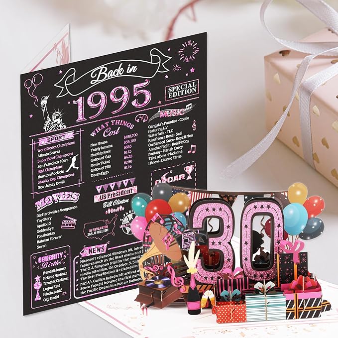 30th Birthday Card for Women Her, Jumbo 3D Pop Up 30th Birthday Gifts, Back In 1995 Happy 30 Year Old Sister Birthday Decorations Cards Card for Wife, Rose Gold