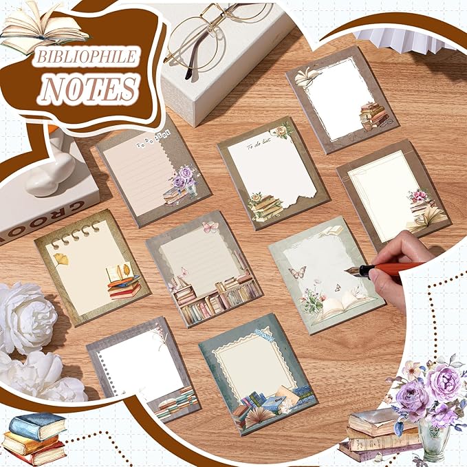 Sabary 9 Pads Sticky Notes 3.15 x 3.94 Inches Cute Self Sticky Note Pads Colored Adhesive Notepad for Memo Reminder Journal Studying Office Home Gift (Book Lover)