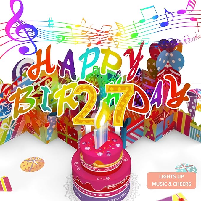 Gumry 27TH Musical Birthday PopUp Card, Blowable Colorful Light Candle 3D Cards with Song, Applause Cheers Sound, Greeting Cards Birthday Gifts Decorations for Women Men Turning 27 Years Old
