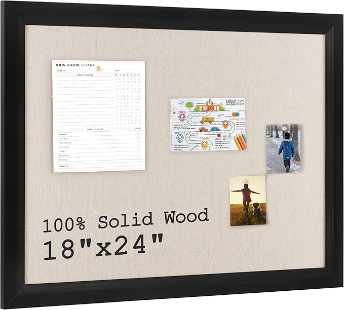 Bulletin Board Cork Board with Linen, 100% Wood Framed 18" x 24" Bulletin Board Decorations, Pin Boards for Walls, Wall Mounted Fabric Picture Board with 10 Pushpins for School, Home & Office, Black