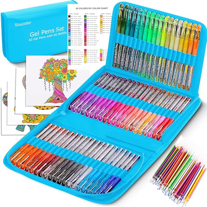 Soucolor Glitter Gel Pens for Adult Coloring Books, 120 Pack-60 Glitter Pens, 60 Refills and Travel Case, Nurse Aesthetic Cute Pens, School Office Home Supplies, Gifts for Women and Men