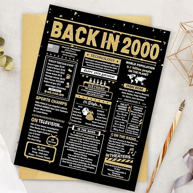 25th Birthday Card, 25th Birthday Decorations for Her Him, 25th Birthday Gifts for Daughter Son, Back in 2000 Birthday Card, Black Gold