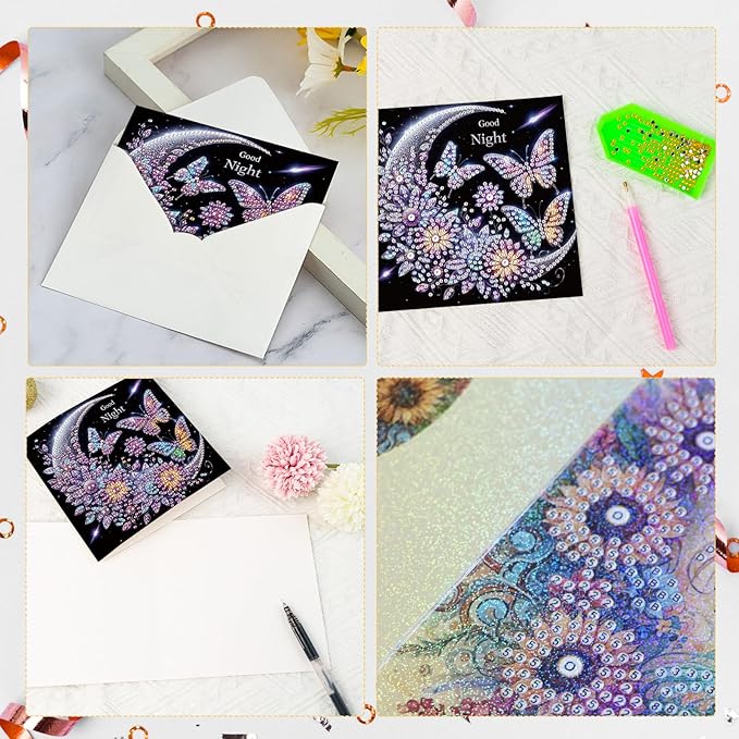 6 Pcs 5D Rhinestone Painting Greeting Cards Kits, Handmade Festival Greeting Cards with Envelopes Holographic Shimmer Design DIY Diamond Art Crafts Birthday Cards for Adults (Butterfly Moon)