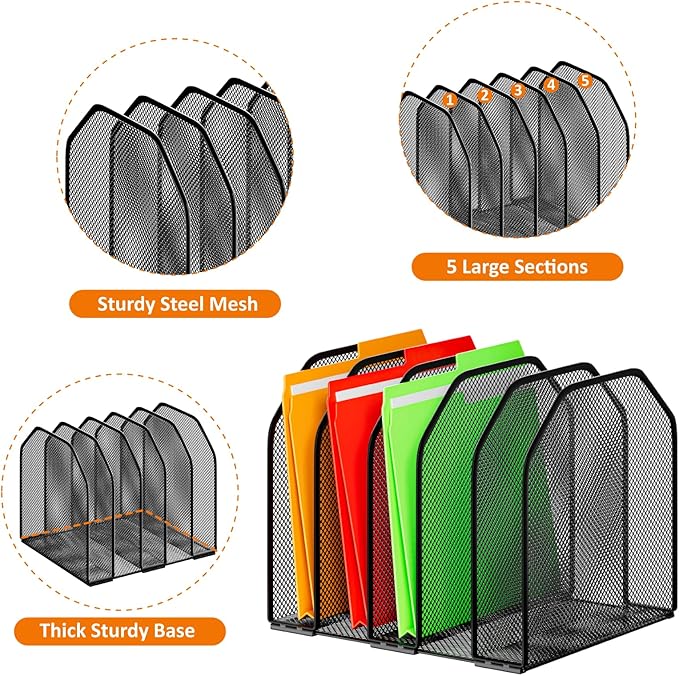 Desk File Organizer, Adjustable 5 Sections Upright Desktop Organizer File Sorter, Sturdy Metal Mesh Vertical Bookshelf File Holder Workspace Accessories for Home,School,Office Classroom,Black