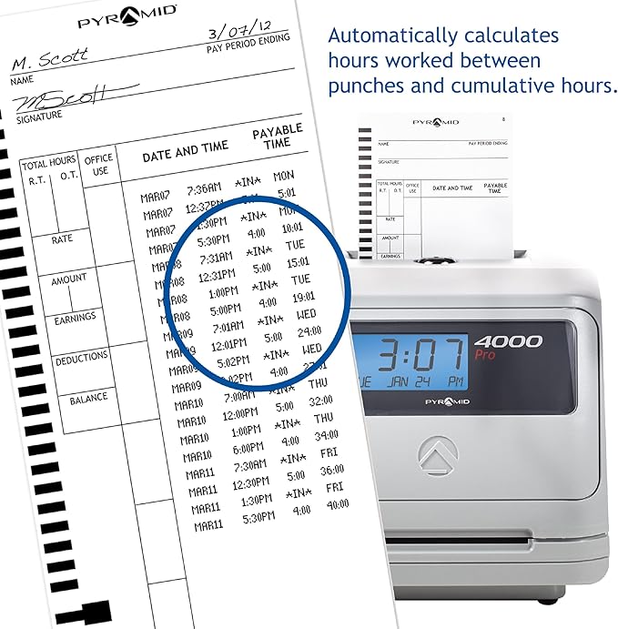 Pyramid Time Systems - Model 4000 Auto Totaling Time Clock, Electronic Time Punch Clock for Small Business, Bundle Includes: 25 Time Cards,Ribbon and 2 Security Keys - Silver ( 7.25"h x 7"w x 6.75"d)