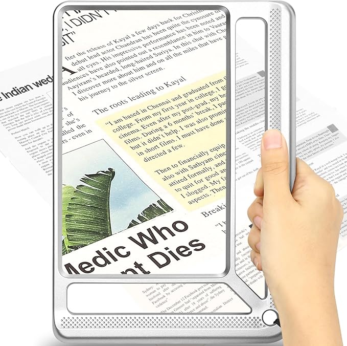 5X Full Page Magnifying Glass for Reading, Lightweight Rectangular Magnifier Provides Large Book Page Viewing Area, Handheld Magnifier for Reading Small Prints for Seniors, Low Vision-Silver