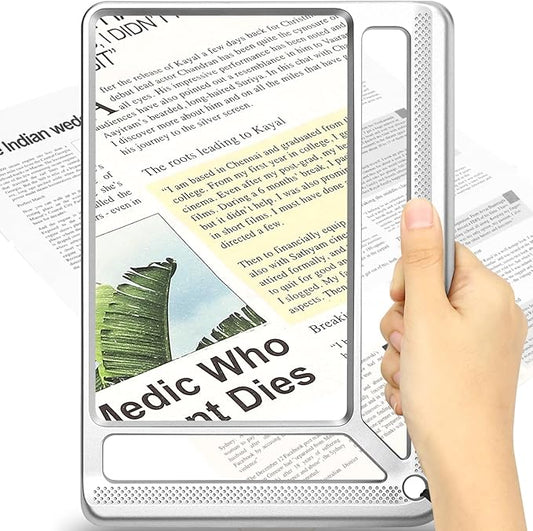5X Full Page Magnifying Glass for Reading, Lightweight Rectangular Magnifier Provides Large Book Page Viewing Area, Handheld Magnifier for Reading Small Prints for Seniors, Low Vision-Silver