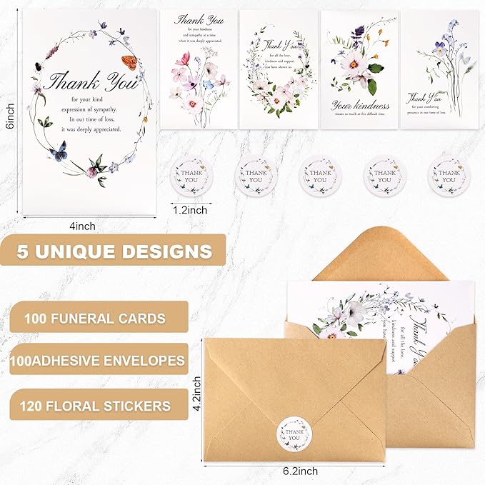C2U Funeral Thank You Cards with Envelopes(100 Pack 4"x6"),Stickers & Message Inside - Wildflower Bereavement Sympathy Thank You Cards for Funeral Family Friends Loved Ones