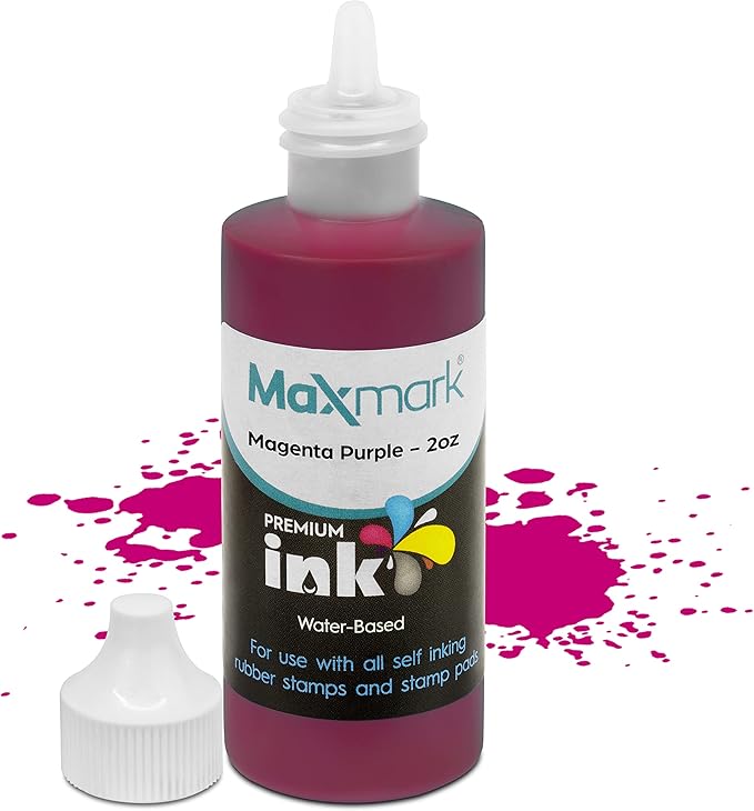MaxMark Premium Refill Ink for self Inking Stamps and Stamp Pads, Magenta Purple Color - 2 oz.