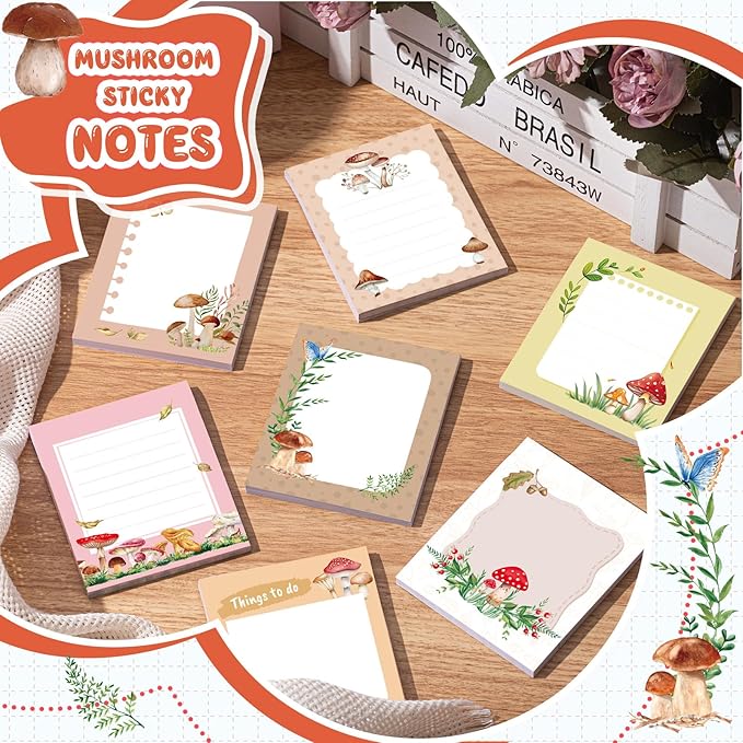 Sabary 9 Pads Sticky Notes 3.15 x 3.94 Inches Cute Self Sticky Note Pads Colored Adhesive Notepad for Memo Reminder Journal Studying Office Home Gift (Mushroom)