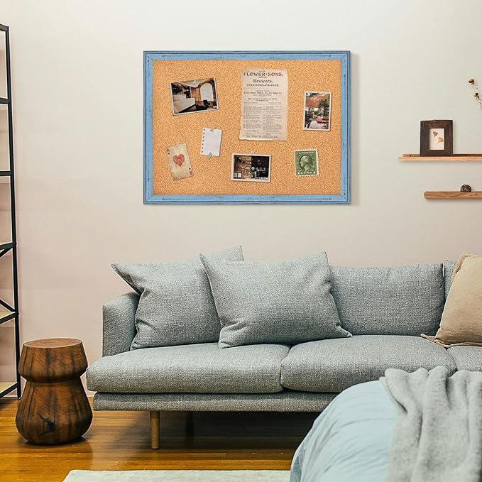 DOLLAR BOSS Cork Boards for Walls, 24 X 18 Inches Bulletin Board Decorative Hanging Pin Board Rustic Wooden Frame Vision Board Notice Board for Office Home Decor, Blue