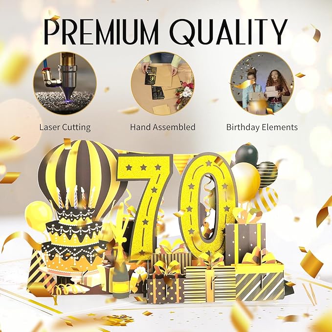 70th Birthday Card for Women Men, Jumbo 3D Pop Up 70th Bday Card for Mom Dad, Happy 70 Year Old Women Men Funny Birthday Gifts, Review of 1955, Black Gold