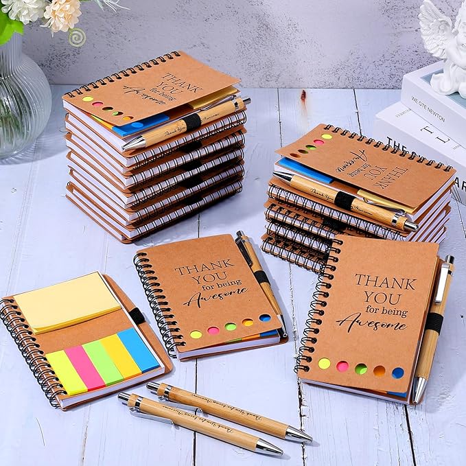 20 Sets Employee Appreciation Gifts Inspirational Spiral Notebooks with Sticky Notes Notepads Motivational Bamboo Ballpoint Pens for Nurse Coworker Teacher (THANK YOU)