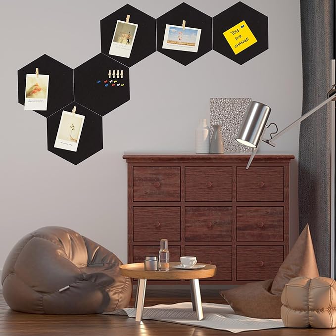 6Pcs Black Hexagon Bulletin Board Strips,Black Felt Pin Board Bar Strips with 50 Pushpins, Self-Adhesive Felt Cork Board Strips for Wall to Display Your Notes, Photos, Schedules