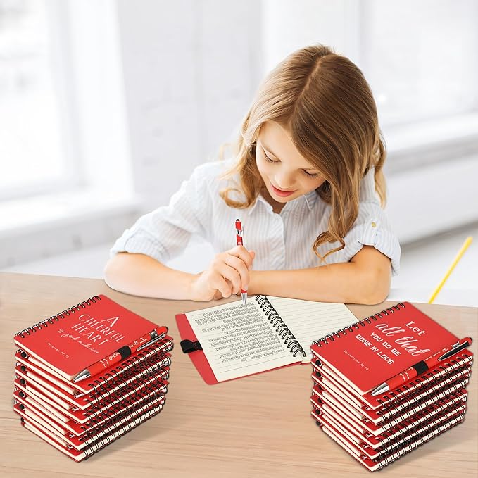 Christian Prayer Journal Spiral Red Notebooks Bulk with Pens- Small Notepads (4.13”x5.43”) - inspirational gifts for women, Church Members & Bible Study Groups (30 Sets Red)