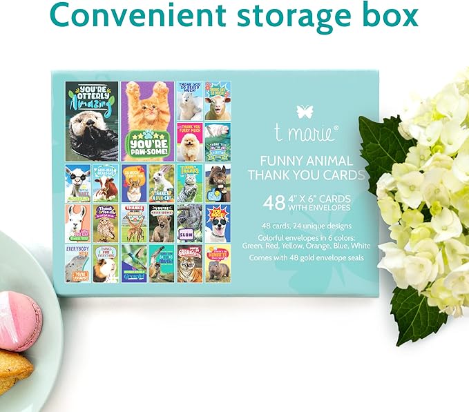 T MARIE 48 Funny Thank You Cards with Colorful Envelopes and Gold Stickers - Bulk 4x6” Boxed Set for Employee Appreciation Cards, Kids, Friends, Staff and Customers - Cute Animal Designs