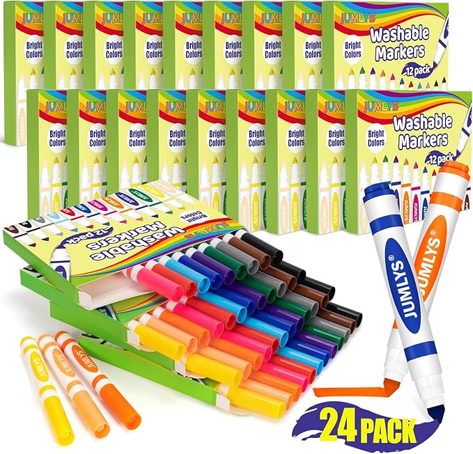 Jumlys 24 Boxes Washable Markers with 12 Colors, Bulk Color Marker for School Classroom, 288 Count Broad Tip Markers for Kids, Classroom Must Haves
