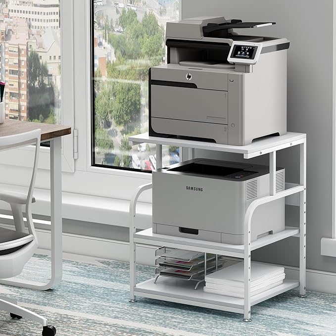 White Printer Stand, 23.6 x18.9 x 30 Inches Big Size Printer Table with Adjustable Shelf, 3 Tier Rolling Printer Cart with Wheels for Home Office Storage and Organization
