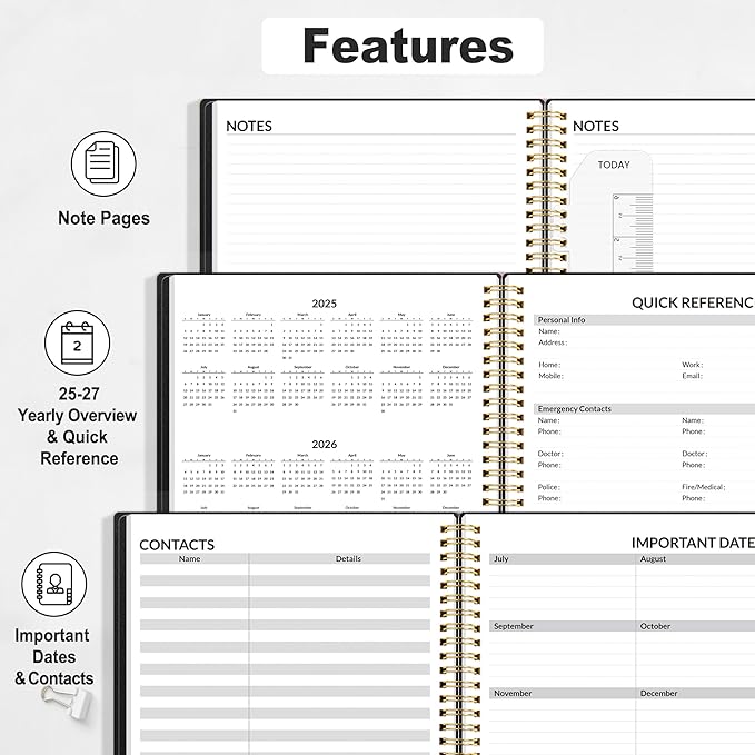 SUNEE 2025-2026 Appointment Book, Quarter-Hourly, Weekly & Monthly - from July 2025 to June 2026, 8.5"x11" Academic Planner, Flexible Cover, Note Pages, Bookmark, Spiral Binding, Black