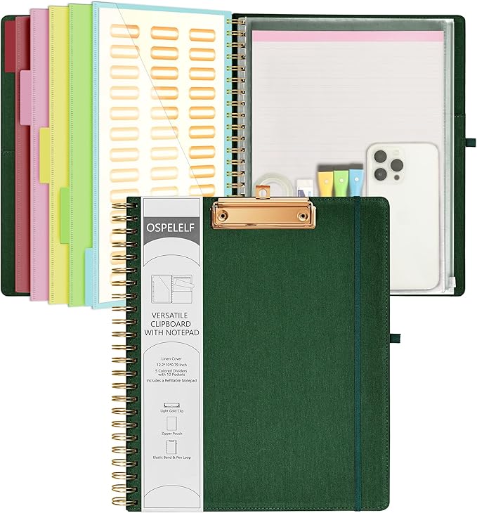 Ospelelf Foldable Spiral Clipboard Folio with Storage Zipper Pouch, 5 Plastic Folders with 10 Pockets,Refillable Lined Notepad (11" x 8.5"), Hardcover Project Organizer with 39 Stickers (Dark Green)