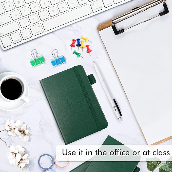 feela 15 Pack Pocket Small Notebooks Bulk, Mini Cute Notepads Hardcover College Ruled Lined Journals with Pen Holder for School Business Memos, with 15 Black Pens, 3.5”x 5.5”, A6, Dark Green