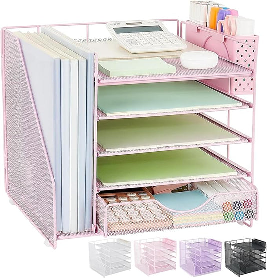 Desk Organizer with Drawer and Pen Holder, 5-Tier Paper Letter Tray Organizer with File Holder, Suitable for Workspace Organizer Office Supplies Storage (Pink)