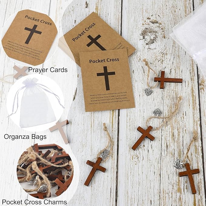 Bulk 30 Pocket Cross Cards Christian Gifts, Wooden Pocket Cross Charm Christian Religious Gifts Small Faith Based Comfort Baptism Gift Inspirational Gifts for Women Men(Hollow Out Heart)