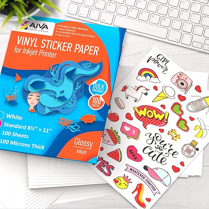 Printable Vinyl Sticker Paper - Waterproof Decal Paper for Inkjet Printer - 100 Self-Adhesive Sheets - Glossy White - Standard Letter Size 8.5"x11"