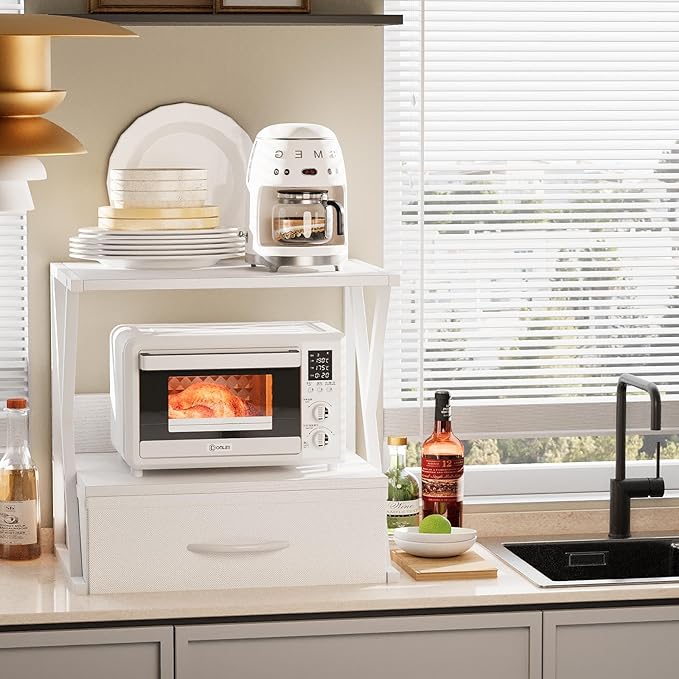 aboxoo Printer Stand for Desk with Storage Drawer, 2 Tier Desktop Or Under Desk Shelf, Multi-Purpose Desk Organizer for Home Office, fit Fax Machine/3D Printer/Scanner, White