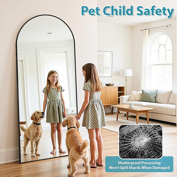 Full Length Mirror, 68"x26" Oversized Floor Mirror Freestanding, Full Body Mirror Floor Standing Mirrors with Stand, Hanging Mounted Mirrors for Bedroom Living Room, Black, Arched Style