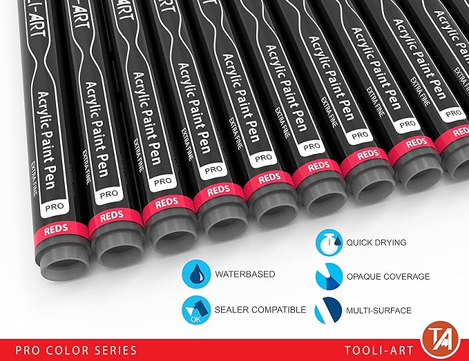 Acrylic Paint Pens 22 Red & Pink Tones Assorted Pro Color Series Markers Set 0.7mm Extra Fine Tip for Rock Painting, Glass, Mugs, Wood, Metal, Canvas, Projects, Non Toxic, Waterbased, Quick Drying