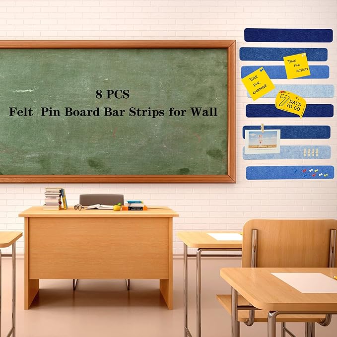 8Pcs Bulletin Board Strips, Blue Felt Pin Board Bar Strips with 50 Pushpins, Self-Adhesive Felt Cork Board Strips for Wall to Display Your Notes, Photos, Schedules, Announcements