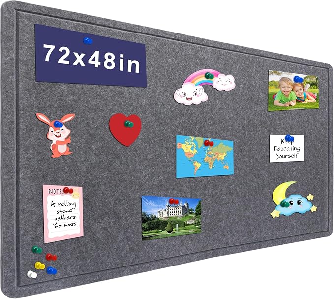 Large Bulletin Board - 72 X 48 inches Decorative Felt Pin Board - 6' x 4' Cork Board Alternative for Wall - Foldable Picture Board Self-Adhesive Vision Board Prayer Board with 30 Pushpins - Dark Gray