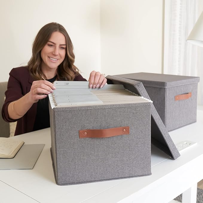 ZICOTO Decorative File Organizer Box Set of 2 - Collapsible Linen Filing Cabinets w/Handles Are Perfect to Store all Your Documents & Hanging File Folders - Portable Easy Slide Crates with Lid