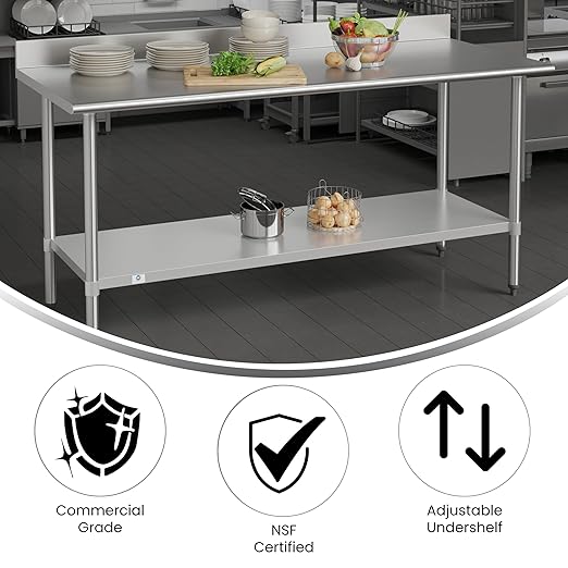 Flash Furniture Reese Commercial Stainless Steel Prep/Work Table for Back Kitchen, 430 Stainless Steel, 18 Gauge, Adjustable Shelf, 4" Backsplash, 30" x 72"