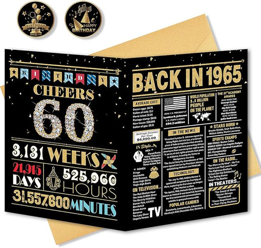 60th Birthday Card, 60th Birthday Gifts for Women Men, 60th Birthday Decorations for Him Her, Back in 1965 Birthday Card, Black Gold