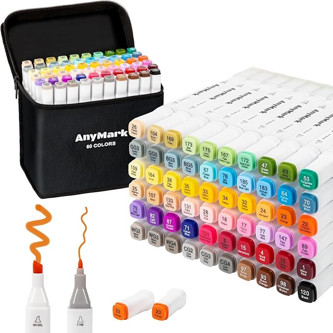 AnyMark Alcohol Markers, 60 Colors Dual Tip Art Coloring Markers Set for Kids Adult Book Drawing Sketching Painting, Chisel & Fine, White Penholder