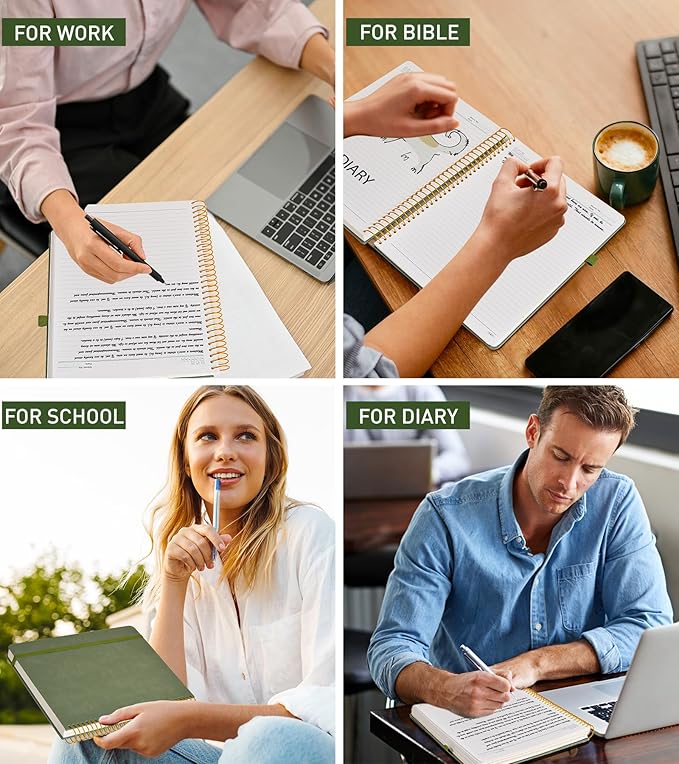 A4 Spiral Notebook Journal 8.5” x 11”, 256 Numbered Pages Hardcover Leather Journals for Women Men, Large Lined College Ruled Notebooks, 100GSM Thick Paper, Spiral Bound Journal for Work School, Green