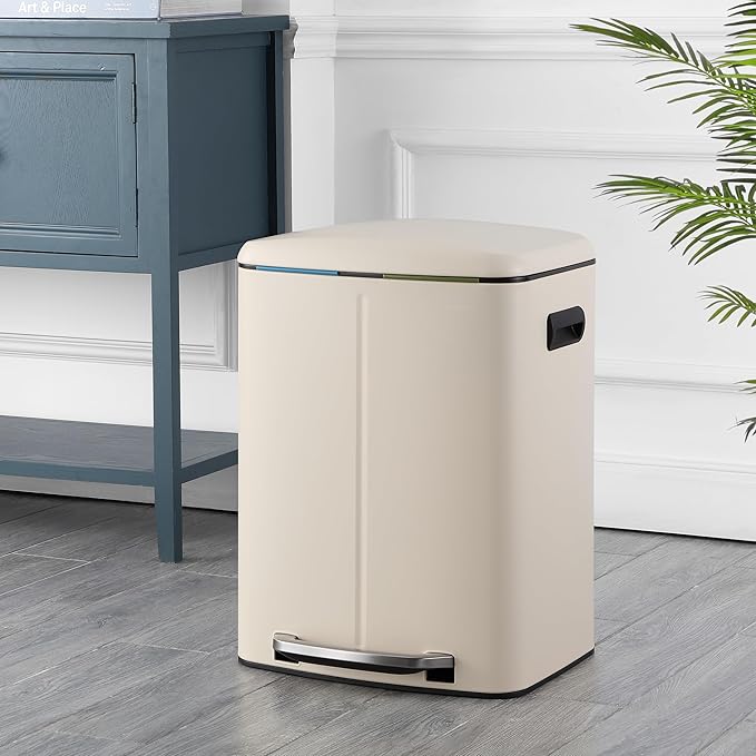 happimess HPM1005F Marco Rectangular 10.6-Gallon Double Bucket Trash Can with Soft-Close Lid, Fingerprint Resistant, Modern, Minimalistic for Home, Kitchen, Office, Bathroom, Limestone Beige