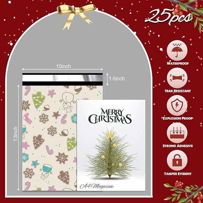 Christmas Poly Mailer 10x13 Inch 25 Pcs, Waterproof Shipping Bags for Clothing, Tear-Resistant Mailier Bags, Strong Mailing Bags with Self-Seal - Christmas Elements Printed