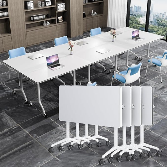 Conference Table, Folding Conference Tables for 2-20 People, Modern Conference Room Table with Wheels, Super Sturdy Large Rectangle Mobile Meeting Seminar Tables for Office (4PCS 55.1in)