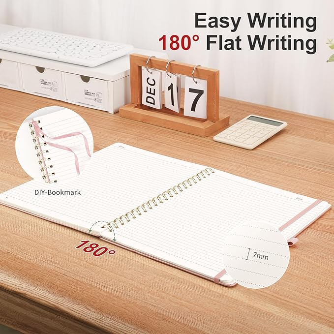 AHGXG Lined Spiral Journal Notebook, B5 Large Journals for Women Men, 140 Pages Hardcover Leather Notebook College Ruled, 100 GSM Paper, Notebooks for Work School Note Taking, 7.6" x 10", Rose Gold