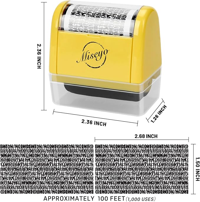 Miseyo Wide Identity Theft Protection Roller Stamp Set - Yellow (3 Refill Ink Included)