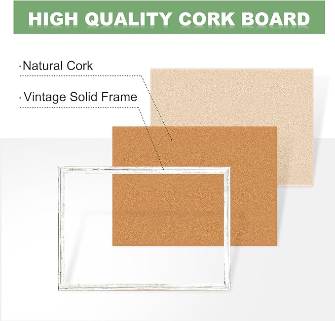 DOLLAR BOSS White Cork Board - 36 X 24 Inches, Rustic Wooden Frame, Decorative Vintage Hanging Pin Board for Office & Home Decor